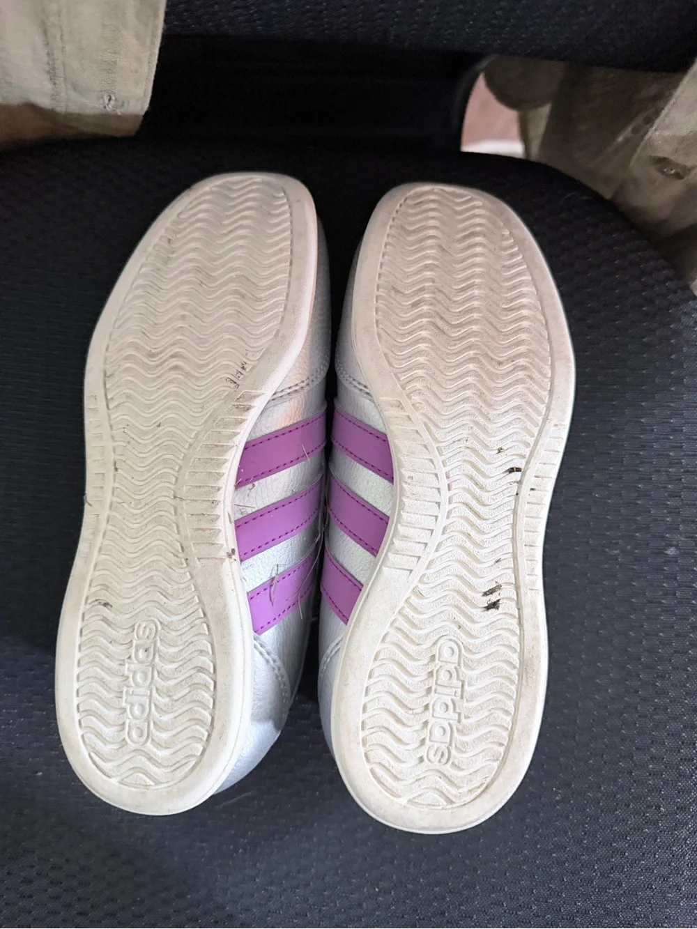 adidas Girls Silver Mary Jane Sneakers with Purple Stripes